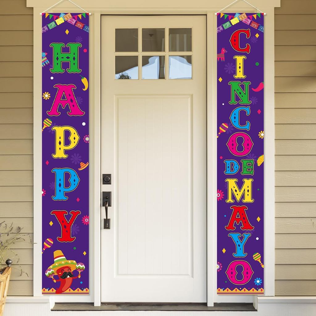 2 Cái Cinco De Mayo Banner, Cinco De Mayo Porch Sign with Rope, 71x12 Inch Mexico Fiesta Party Treo 