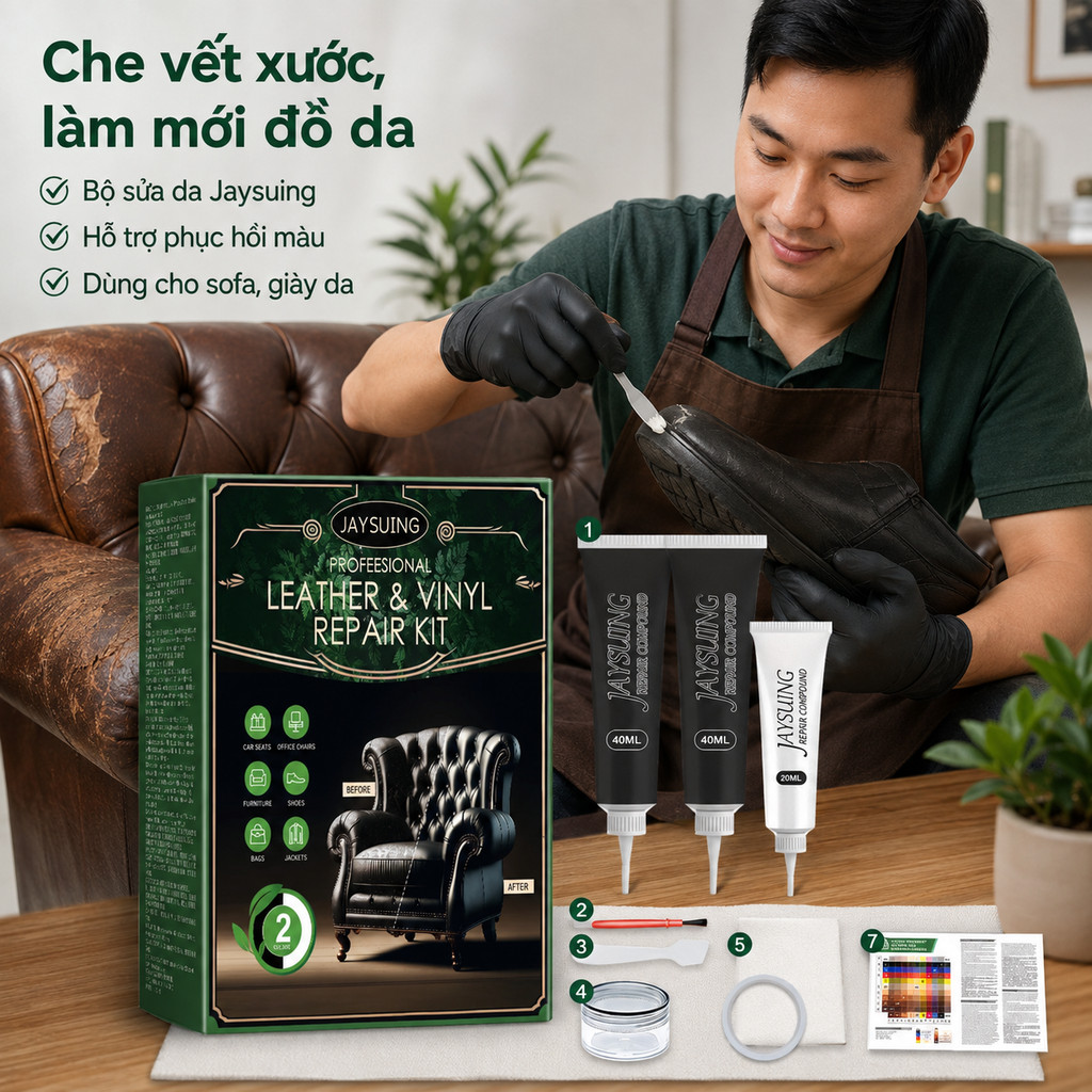 Sofa, giày và đồ da bong tróc, xước màu: bộ sửa da Jaysuing hỗ trợ che phủ vết hỏng, phục hồi màu và