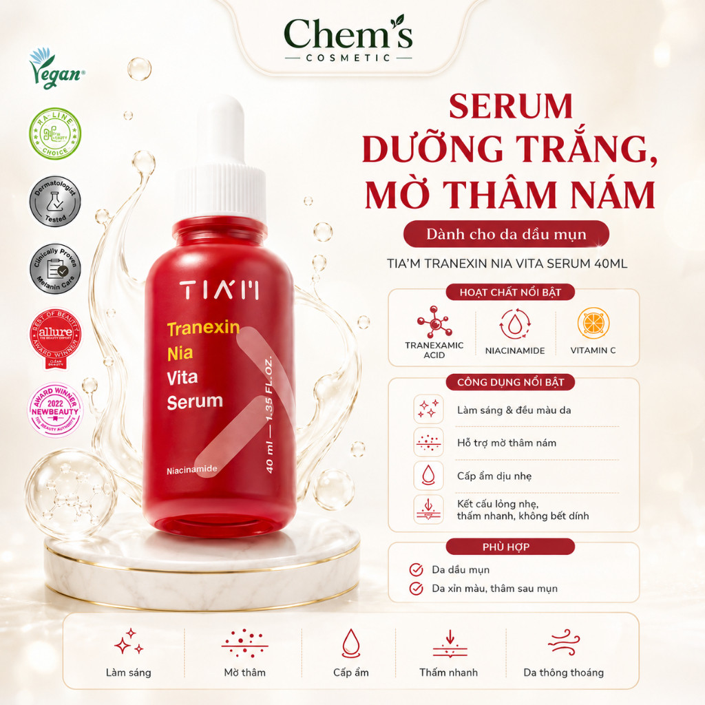 Serum Dưỡng Trắng Mờ Thâm Nám Tia’m Tranexin Nia Vita Serum 40ml