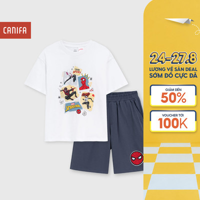 Bộ quần áo bé trai CANIFA bộ cộc tay chất cotton USA in hình Spiderman 2ST26S001