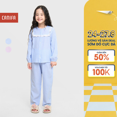 Bộ quần áo bé gái CANIFA dài tay cổ bèo họa tiết kẻ 1LS25W010