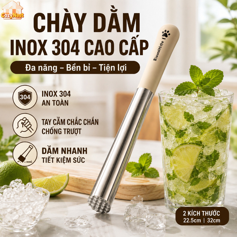 Chày Dầm Inox 304 Chày Dầm Pha Chế Chày Giã Trái Cây Đập Đá Tay Cầm Chống Trượt