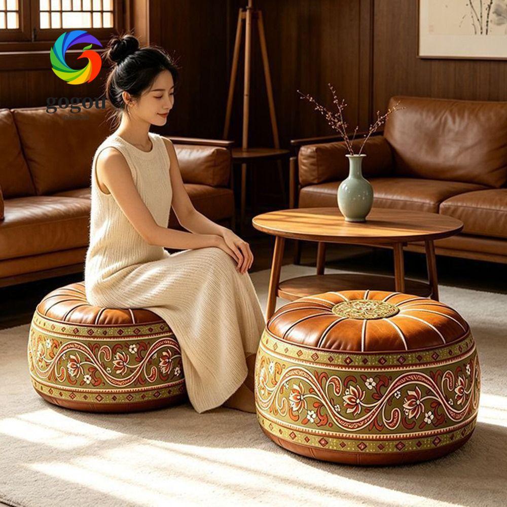 GOGOU Fillable Ottoman Pouf, Thêu Họa Tiết Da PU Bảo Quản Ottoman, Phong Cách Ma-rốc Hình Tròn Tròn 