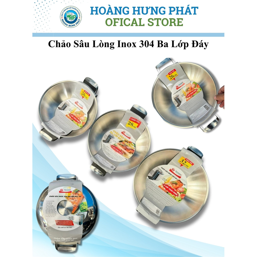 Chảo Sâu Lòng Inox 304 Ba Lớp Đáy Từ Ticook, Chảo 2 Quai Siêu Bền An Toàn Sức Khỏe, 26-28-32cm