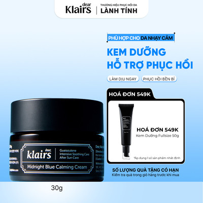 Kem dưỡng da Dear, Klairs Midnight Blue Calming Cream hỗ trợ cấp ẩm và phục hồi cho da 30g [FS]