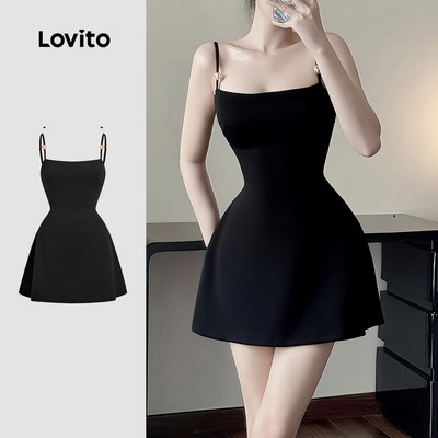 Đầm Lovito màu đen dây vai điều chỉnh khóa kim loại phong cách thường ngày cổ điển mùa xuân/hè cho nữ L134ED1004