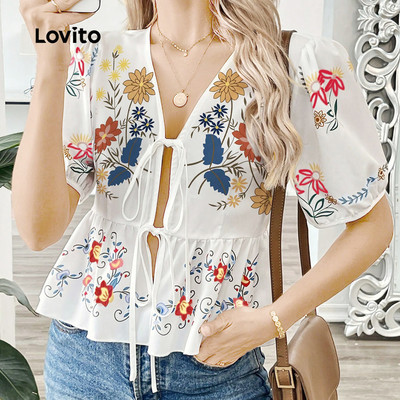 Lovito Kỳ nghỉ Áo kiểu nữ xuân hè buộc dây hoa L170ED153
