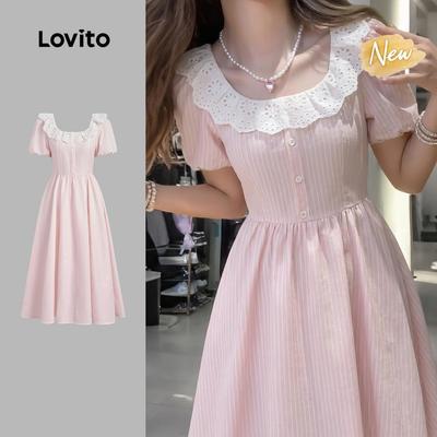 (New Arrival) Lovito Đầm dễ thương cổ bèo cài nút màu hồng xuân/hè cho nữ DRK8TD150