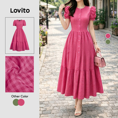 (New Arrival) Lovito Đầm Mặc Thường Ngày Họa Tiết Nút Mùa Xuân / Hè Màu Đỏ Hồng Cho Nữ L196ED128