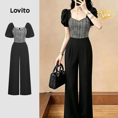 (New Arrival) Lovito Bộ áo liền quần nữ mùa xuân hè vải phối màu đen phong cách thanh lịch L199ED580