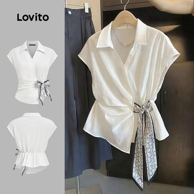 Áo kiểu nữ Lovito trắng xuân hè xếp ly bất đối xứng phong cách thường ngày L189AD058