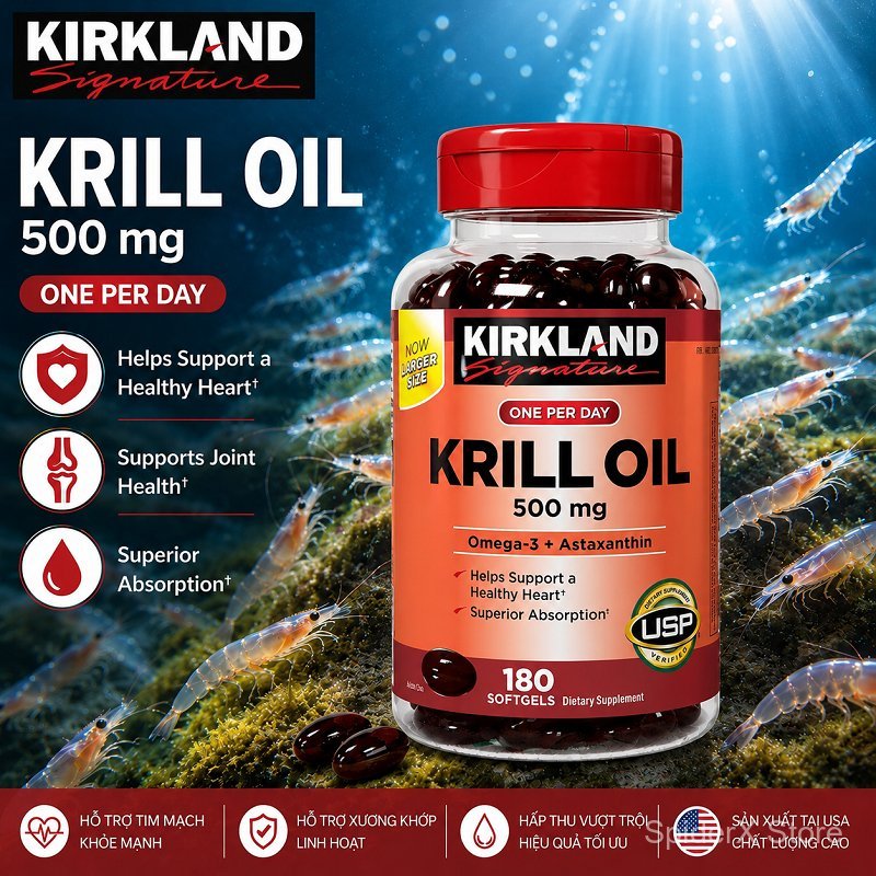 Dầu tôm Krill Oil Kirkland 500mg Mỹ 180 viên Omega‑3 Astaxanthin hỗ trợ tim khớp chứng nhận USP