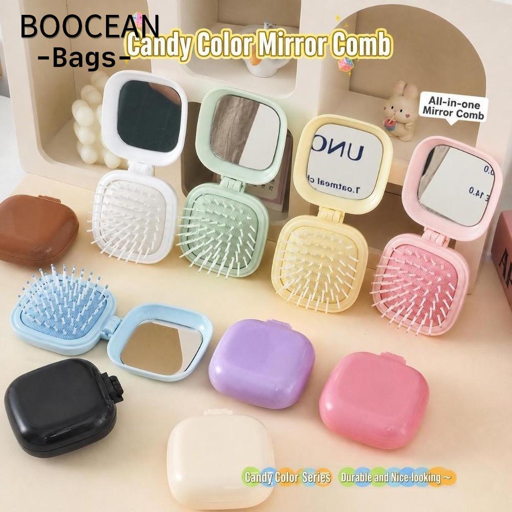 Lược chải tóc đệm khí BOOCEAN, Lược gấp nhẹ màu kẹo có gương, Bàn chải tóc Massage da đầu Mini Detan