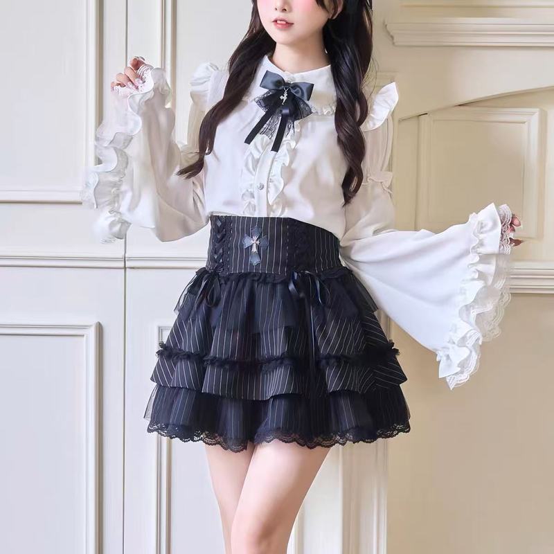 Áo sơ mi dài tay ren thắt nơ Ji tay áo Top Gothic Gothic Gothic Gothic Tay rộng / Gxsw