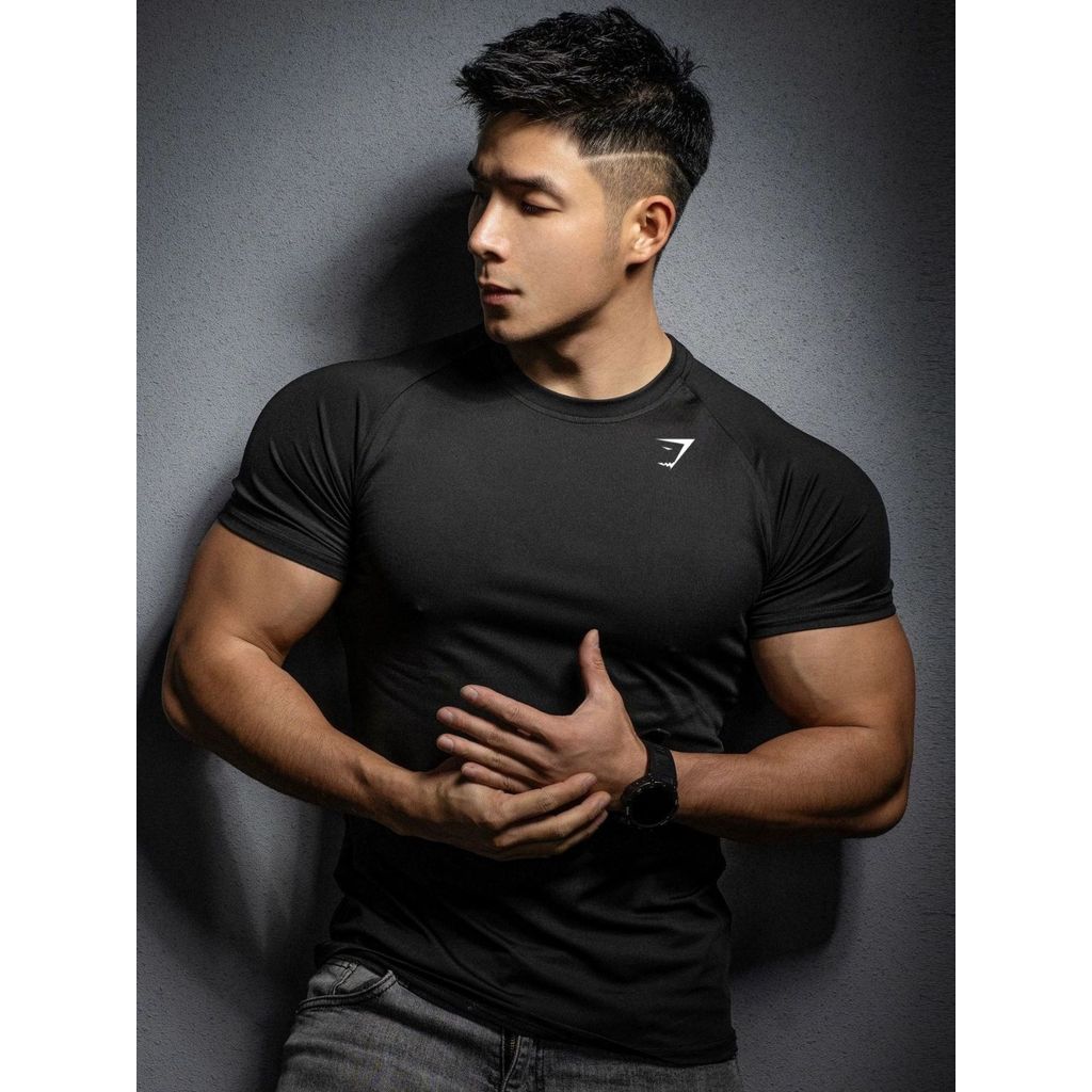 Phong Cách Mới GYMSHARK Thể Dục Ngắn Tay Nam Cơ Thể Thao Quần Co Giãn Áo Thun In Hình Cá Mập Nhanh K