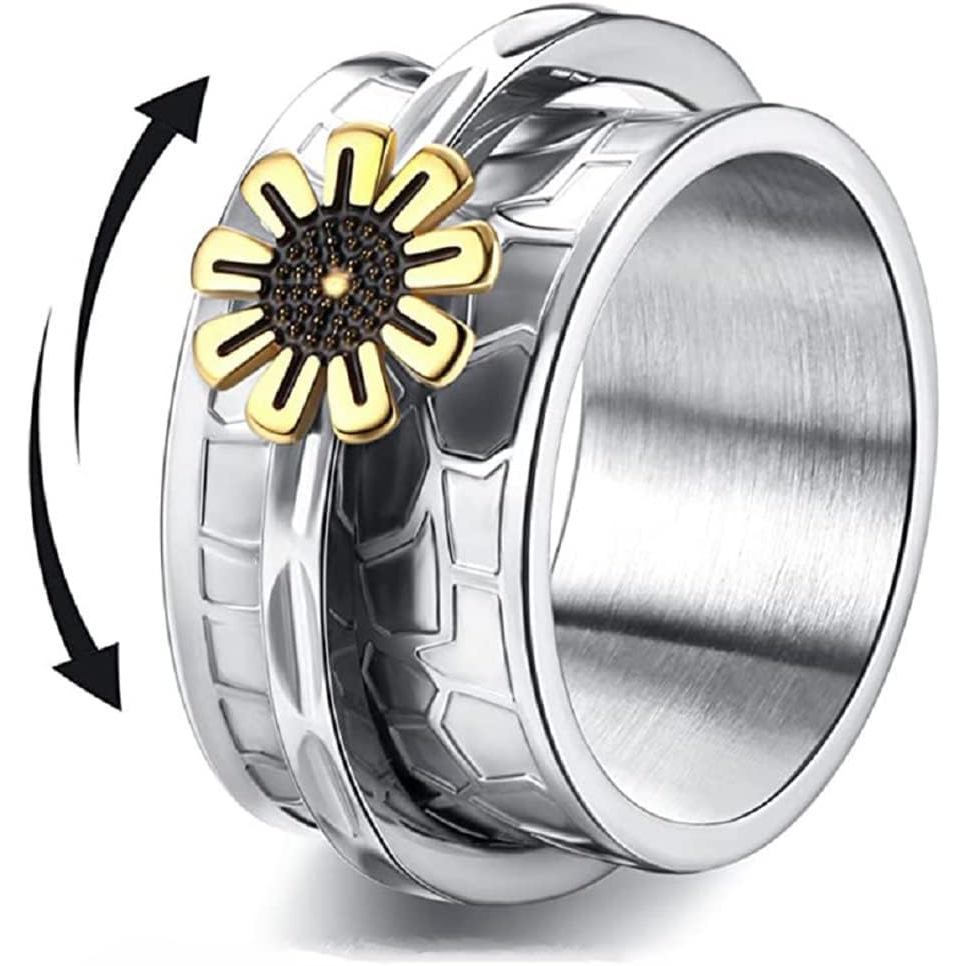 Nữ Thép Không Gỉ Daisy Charm Quay Fidget Lo Âu Ban Nhạc Nhẫn Trang Sức