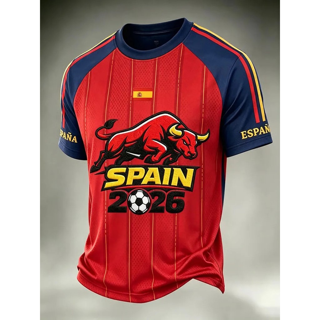 Áo bóng đá nam Raglan tay ngắn, Tây Ban Nha 2026 Running Bull Graphic Red Navy Color-Block Flag Patc