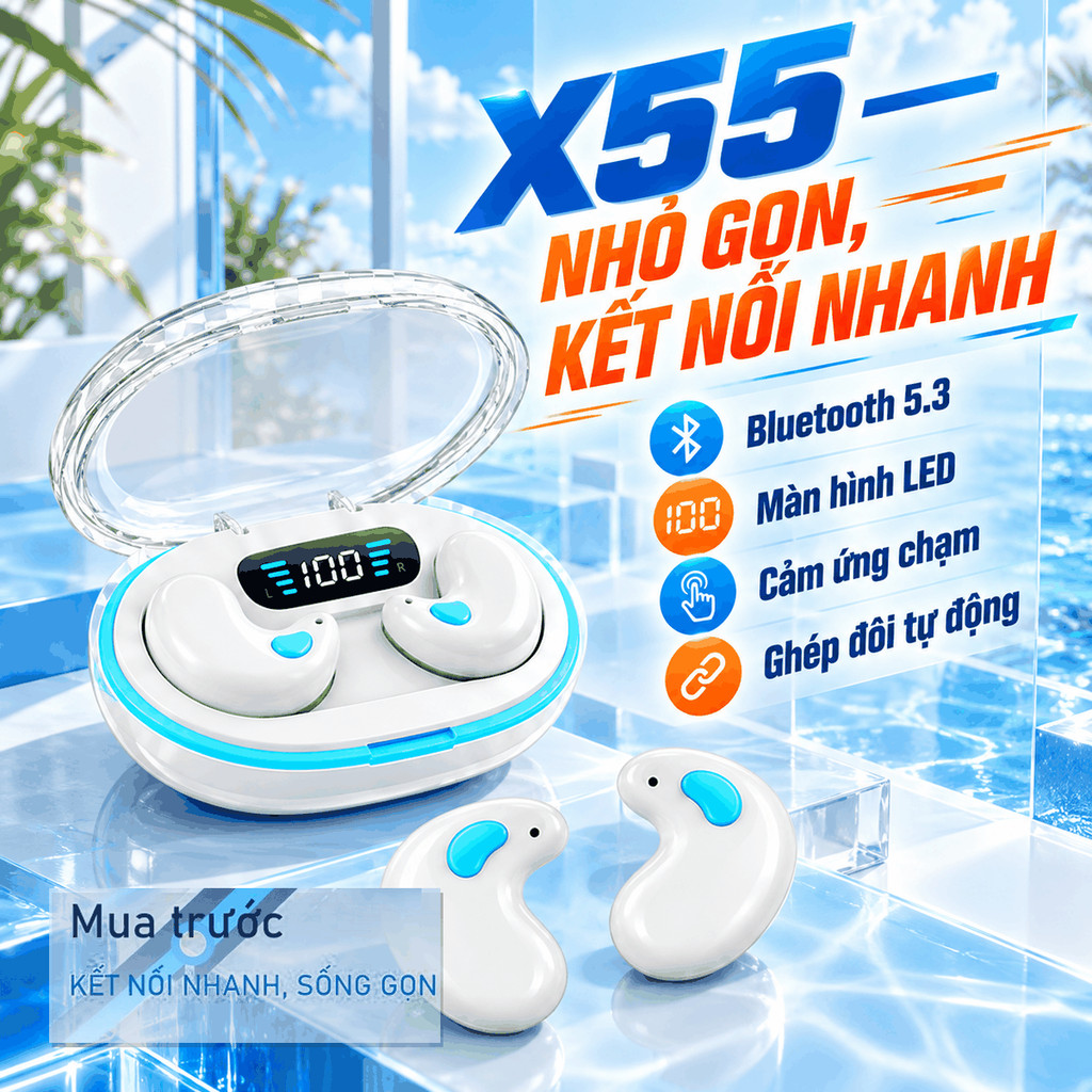 Tai nghe Mini X55 PRO Bluetooth 5.3 X55 Stereo HIFI 9D Hiệu ứng âm thanh Giảm tiếng ồn