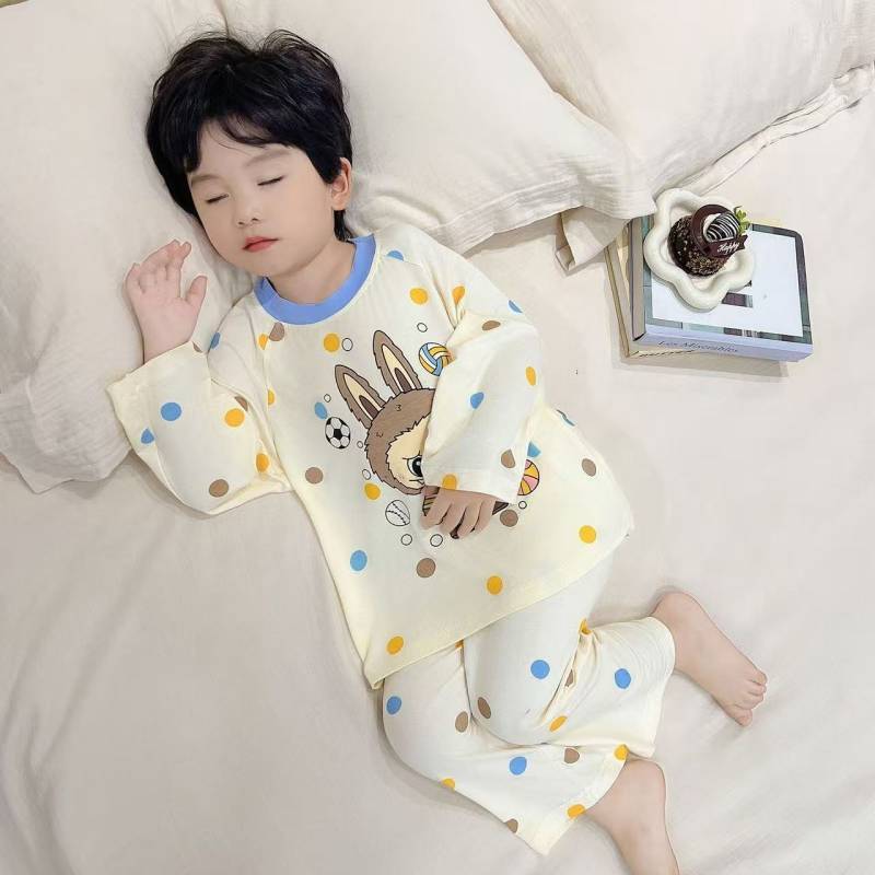 【Ready Stock】 Children's Autumn Pajamas Cartoon Automobiles Curtain Cloth Long-Sleeved Trousers Paja