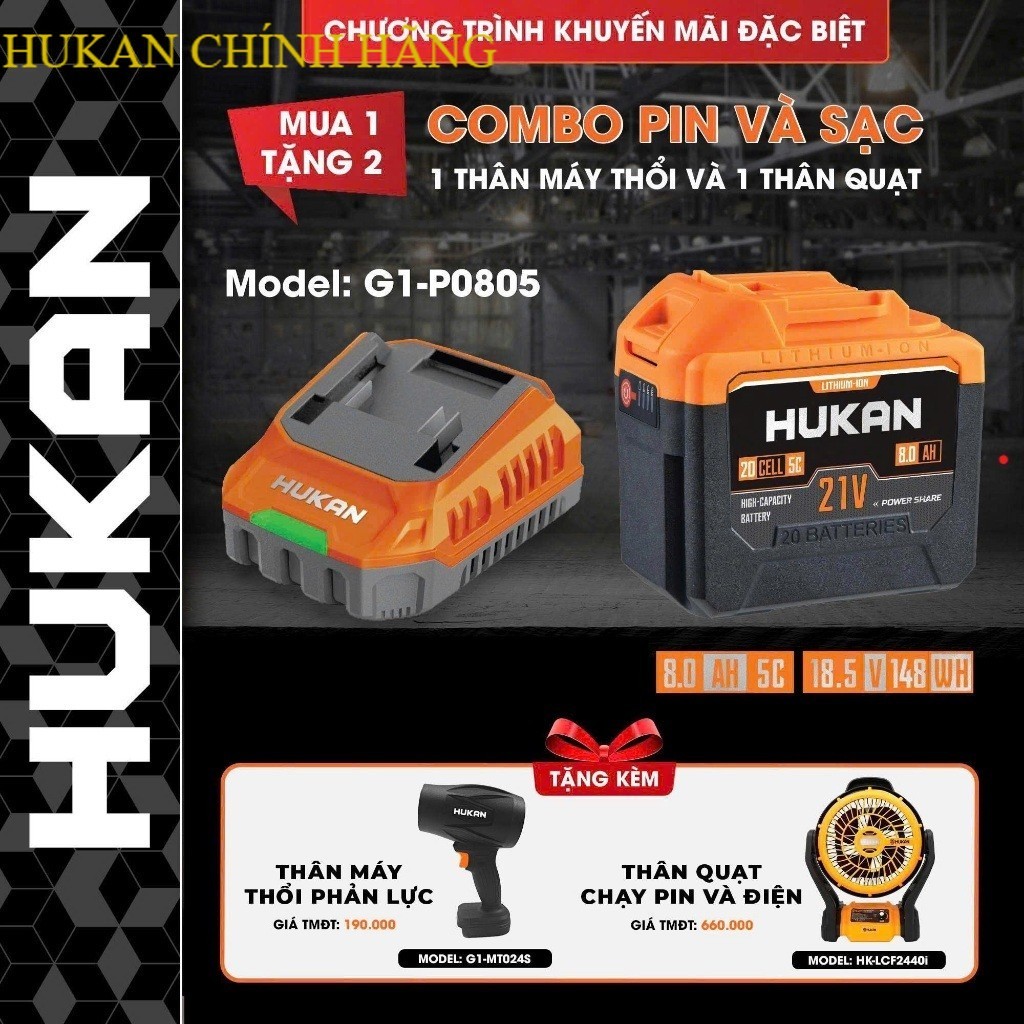 Pin máy khoan HUKAN 8A, Combo Pin+Sạc HUKAN G1-P0805+ 2  máy khủng TT HUKAN CHÍNH HÃNG