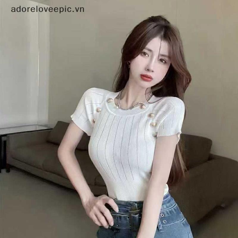 Áo thun nữ APVN co giãn, đính cườm, cổ tròn thời trang