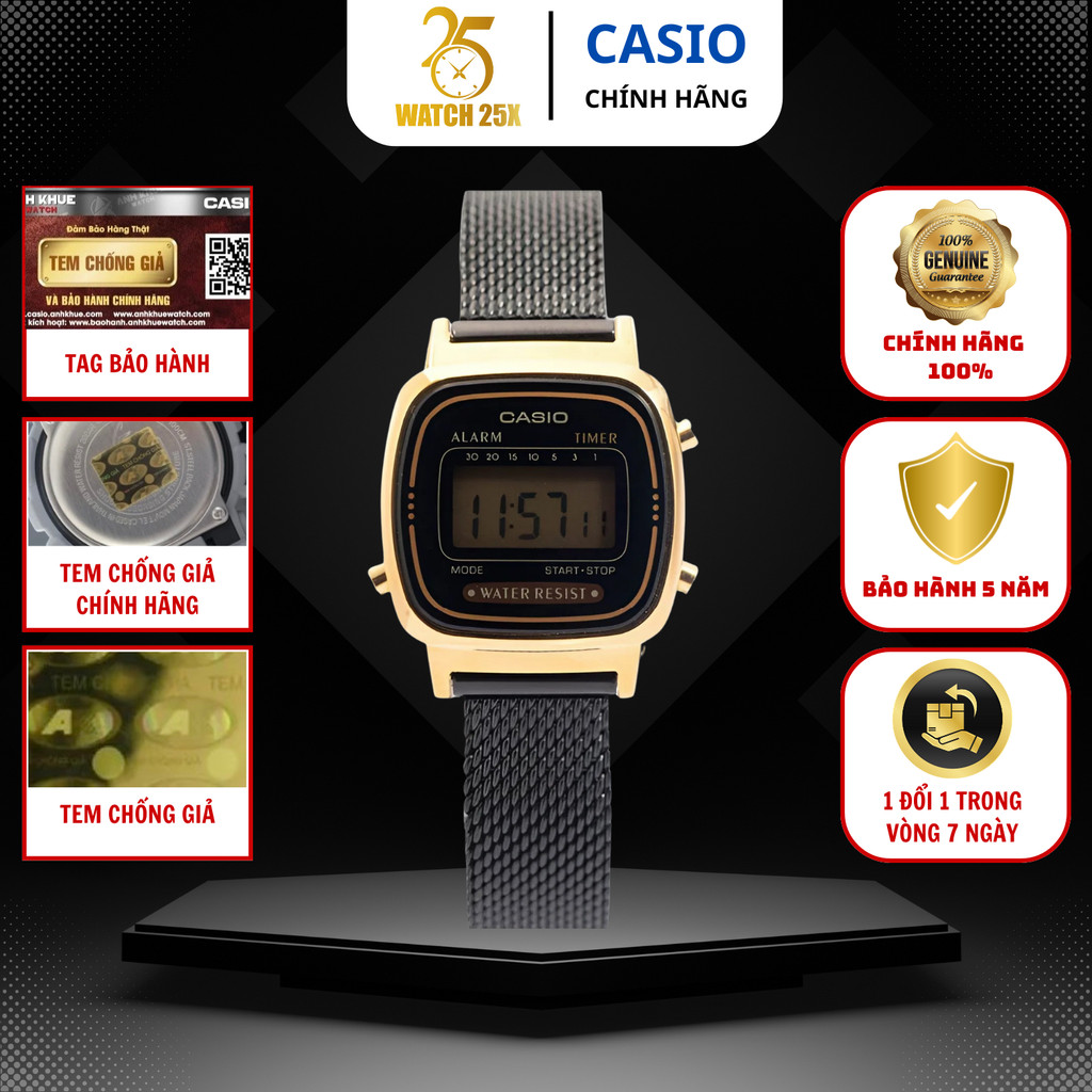 Đồng Hồ Nữ Casio LA670WEMB-1DF Watch25x – Thiết Kế Cổ Điển, Viền Vàng Dây Lưới Đen Sang Trọng.