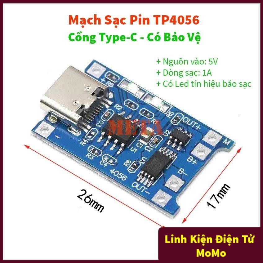 Mạch Sạc Pin TP4056 Cổng TYPE-C USB Có bảo vệ - Mạch Sạc Pin Lithium - Li-ion - 18650 TP4056