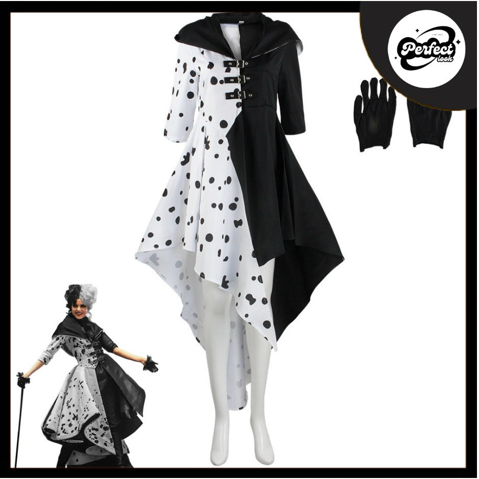 Cruella De Vil Trang Phục Hóa Trang 2 Phong Cách Áo Choàng Nữ Đen Trắng Hầu Gái Đầm Film101Loyal dog