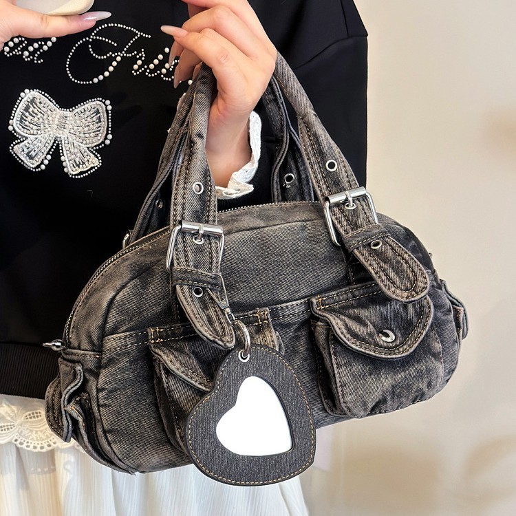 New women's pleated crossbody bag, handbag, Boston bowling bag, denim bag, versatile for spring