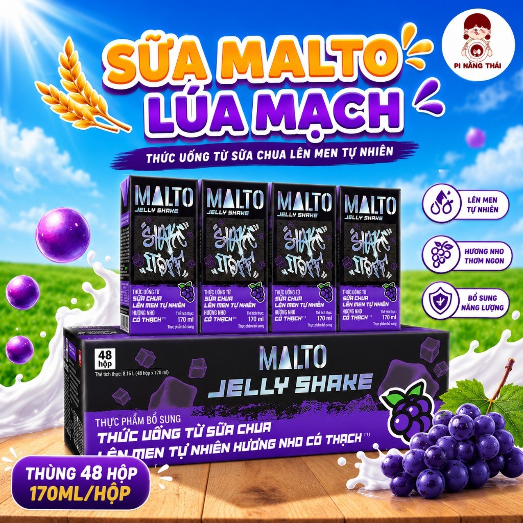 Thùng sữa lúa mạch Malto socola bạc hà (có thạch), nho 48 hộp x 170ml tạp hpas công phượng
