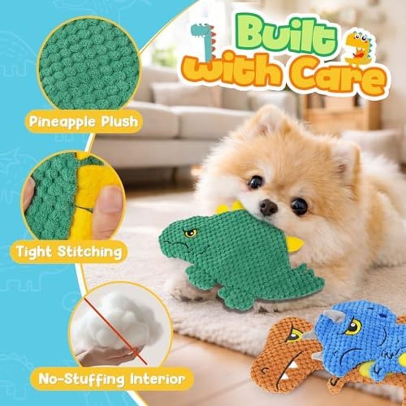 KIPRITII Dog Squeaky Toys for Aggressive Chewers, No Stuffing Dinosaur Puppy Chew Toys for Small Dog