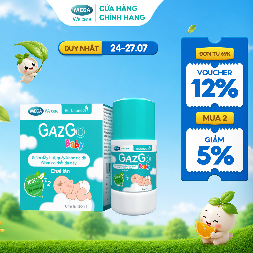 Chai lăn giúp giảm đầy hơi, quấy khóc dạ đề cho trẻ sơ sinh Mega We Care Gazgo Baby (50ml)