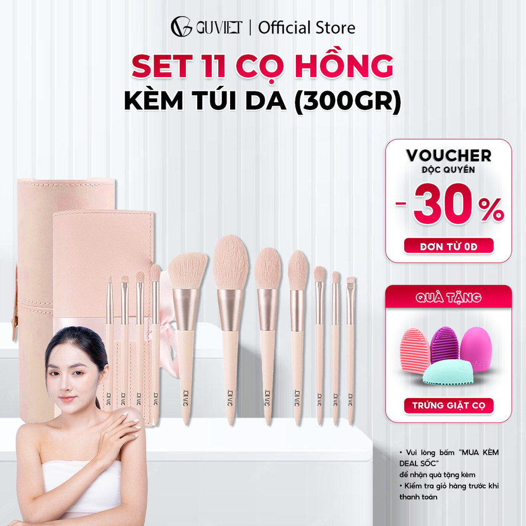 Bộ Cọ Trang Điểm Cá Nhân GUVIET 11 Cây Màu Hồng Kèm Túi Da Đựng Cùng Màu 300gr