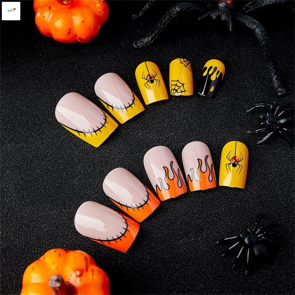 24 Chiếc Halloween Móng Tay Giả Với Vàng Đen Kim Cương Giả Móng Tay Giả 24 Chiếc Để Trang Trí Tiệc
