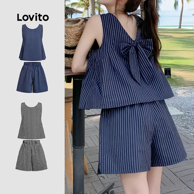Lovito Phong cách thường ngày Bộ quần short thông thường Bộ quần short màu xanh hải mùa xuân hè hình học dành cho nữ L137ED118