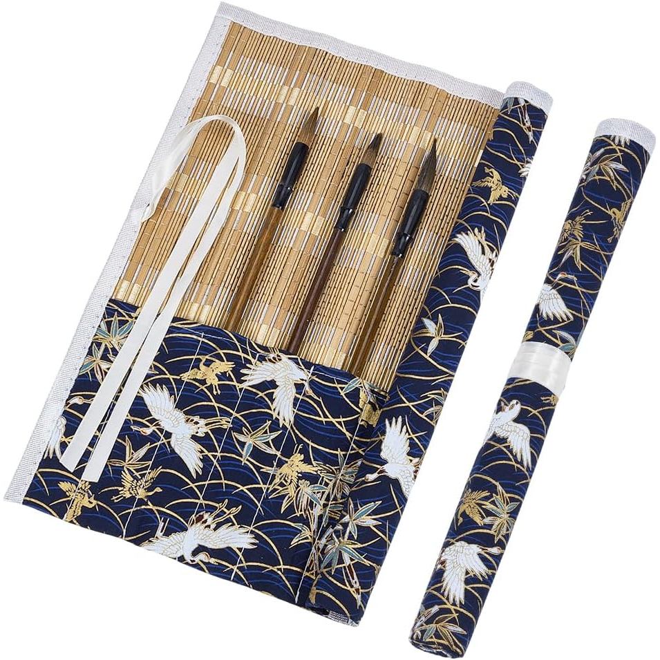 AHANDMAKER 1 Cái Giá đỡ bàn chải tre Rollup Bảo vệ di động với Kaki Crane Pattern Storage Organizer 