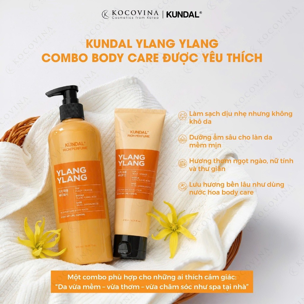 Combo Sữa Tắm Và Sữa Dưỡng Thể Kundal Rich Perfume Ylang Ylang Hương Ngọt Ngào