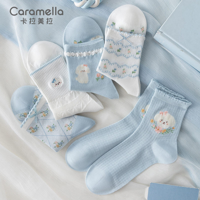 Caramella caramella caramella Mùa Xuân Thu Tất Sợi Tre Nữ Tất Ngắn Vừa Ống Ngắn Mỏng Hoa Hoạt Hình C