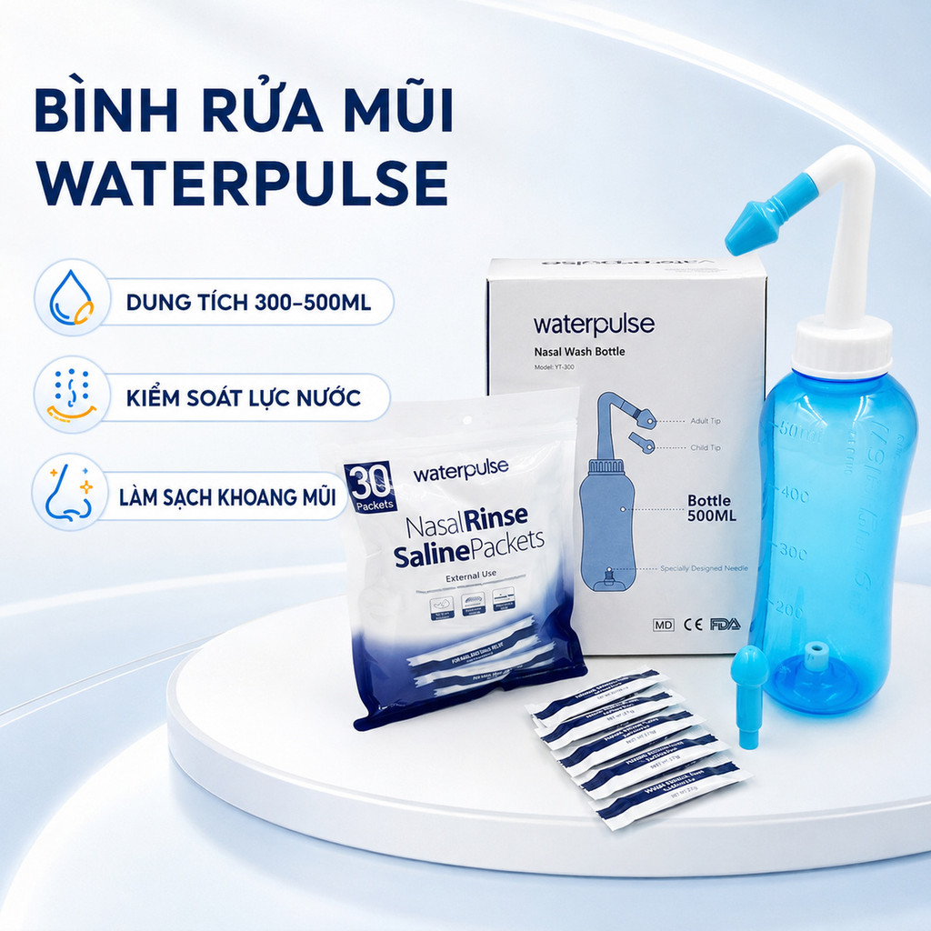 [HCM] Bình Rửa Mũi Water Pulse 300ml/500ml Van Bấm, Tùy Chọn Kèm 30 Gói Muối