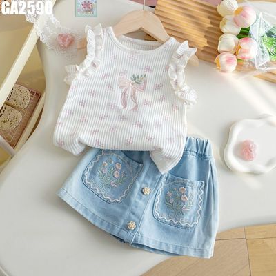 Bộ Bé Gái Áo Sát Nách Bèo Vai In Nơ Phối Quần Giả Váy Denim Xanh Thêu Hoa MINTSCLOSET GA2590