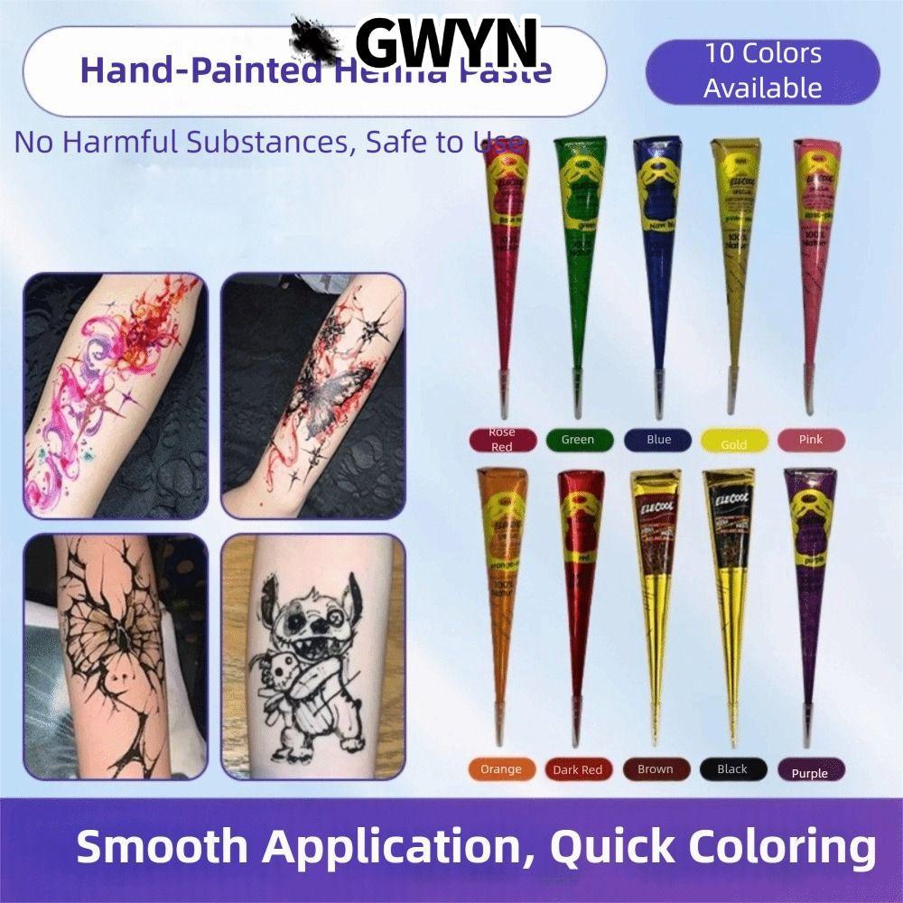 GWYN‌ Henna Paste Cone, Kem xăm Henna dễ sử dụng tạm thời, Mehndi Black Brown Bán vĩnh viễn Kem Henn