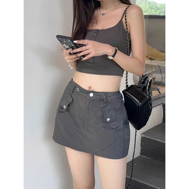 [Giảm giá 50%] Mùa hè Phong cách mới Dây rút màu xám Váy phong cách tổng thể dành cho nữ Plus Size Eo cao Cô gái nóng bỏng quấn hông