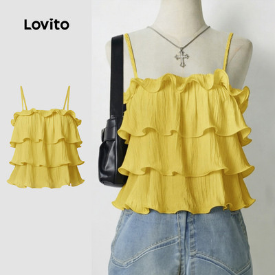 Áo Lovito phong cách thường ngày viền nhún bèo dây vai điều chỉnh nhiều tầng mùa xuân/hè màu vàng cho nữ LK3ED1071