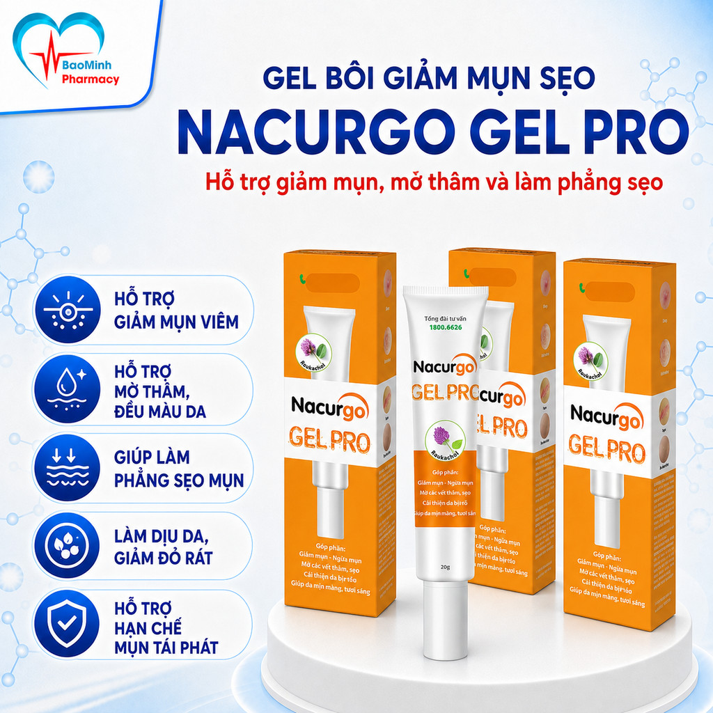 Gel Bôi Mụn Nacurgo Gel Mờ Thâm Sẹo Mụn Giảm Mụn Đầu Đen Mụn Ẩn Kiểm Soát Bã Nhờn Tuýt 20g