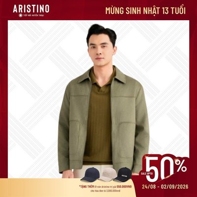 Áo Khoác Da Lộn Aristino Hai Lớp Dày Dặn Màu Xanh Rêu Olive Jacket Tối Giản Co Giãn AJK601EDP01
