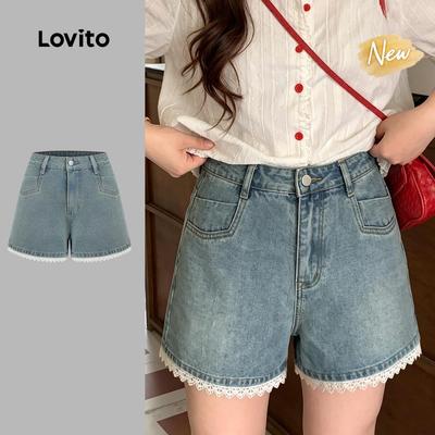 (New Arrival) Lovito Quần short denim nữ màu xanh túi phối màu nút cài mùa xuân/hè L200AD203
