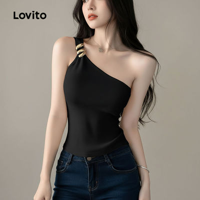 Áo nữ Lovito Phong cách thường ngày màu đen xuân hè vai trần khóa kim loại phong cách hàng ngày L137ED235