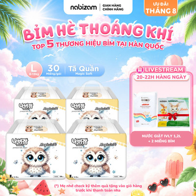 COMBO 4 Tã/Bỉm Quần NABIZAM Magic Soft Nội Địa Hàn Với Công Nghệ Thấm Hút Ngược Size L Cho Bé Từ 8-13kg, 30 Miếng/Bịch