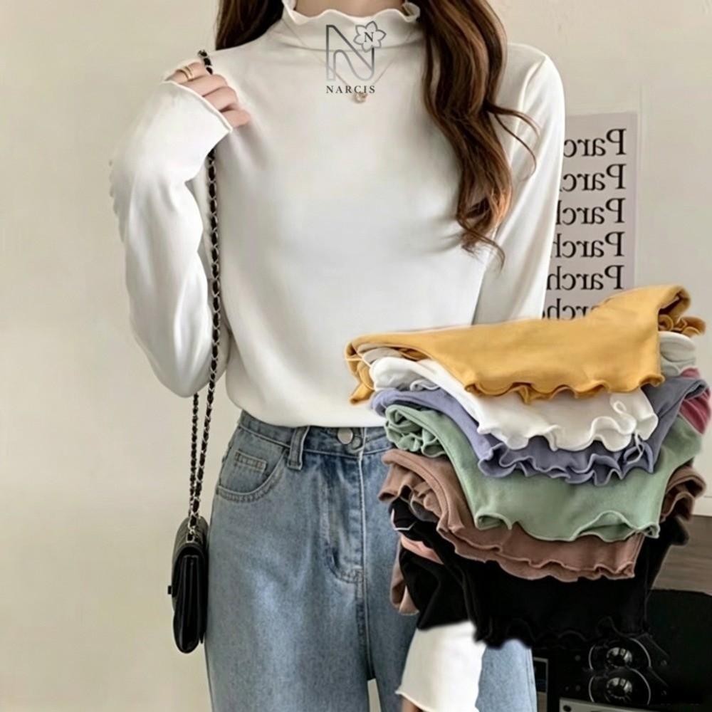NARCIS Mock Neck Base Layer Top, Ruffle Trim Áo thun dài tay ấm áp mềm mại, Vải co giãn dài tay màu 