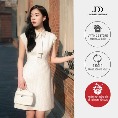 Đầm Xuân Hè Cổ Đức Tay Chờm Cổ Buộc Nơ 1S13.2601. Đầm Dáng A Monogram Thanh Lịch, Đầm Công Sở Phong Cách Preppy JM